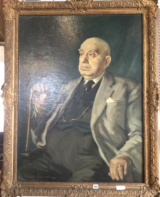 Large portrait in oils of gentleman with walking stick by Simpson Robinson?? 1946(-)